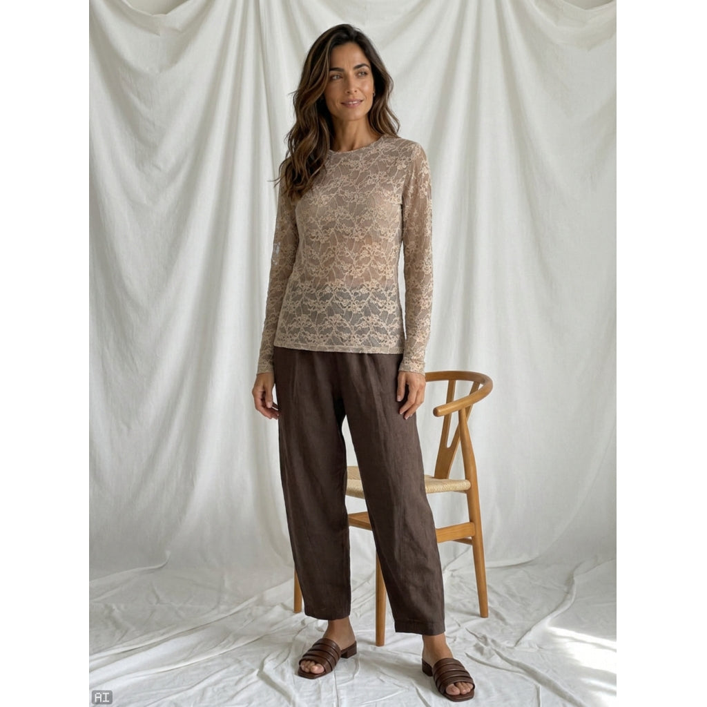 MARTA DU CHATEAU Marta du Chateau Dam långärmad spets t-shirt MdcPrimula 8941 LS Tee Fango